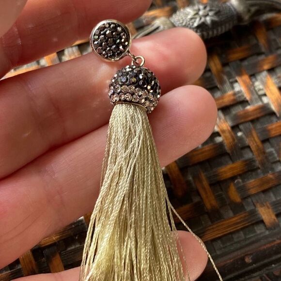 Tassel Shimmer Green & Austrian Crystal Earrings - Picture 5 of 7